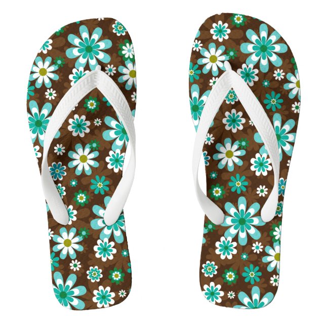 Brown and Blue Retro Mod Flowers  Thongs (Footbed)