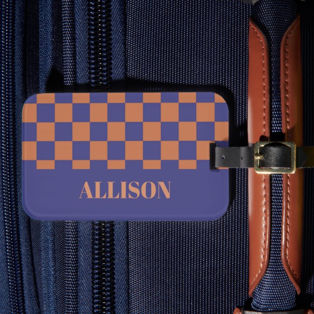 Brown and blue square blocks luggage tag (Front Insitu 4)