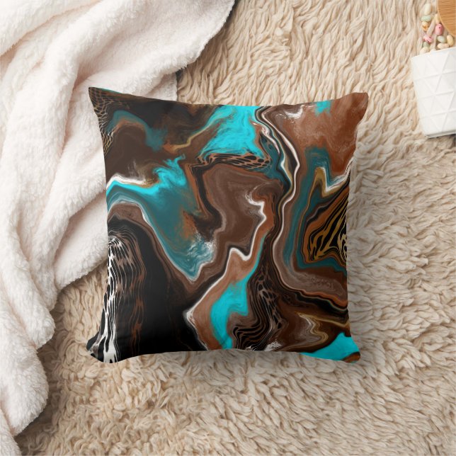 Brown and Blue Teal Marble Fluid Art Cushion (Blanket)
