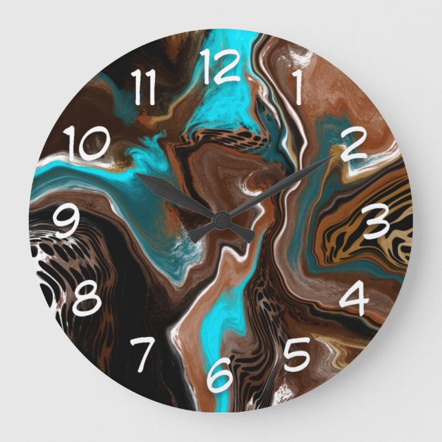 Brown and Blue Teal Marble Fluid Art    Large Clock (Front)