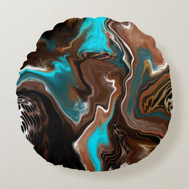 Brown and Blue Teal Marble Fluid Art  Round Cushion (Front)