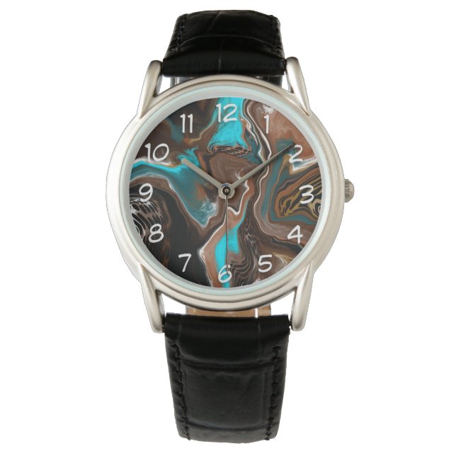 Brown and Blue Teal Marble Fluid Art      Watch (Front)
