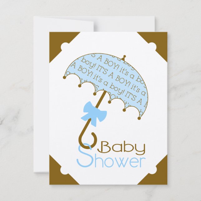 Brown and Blue Umbrella Baby Shower Invitation (Front)