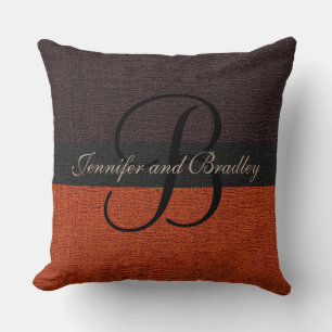 Brown and Brick Red Elegant Monogram Wedding Cushion