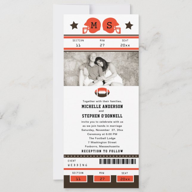 Brown and Bright Orange Football Ticket Wedding Invitation (Front)