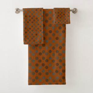 brown and bronze polka dots on orange rust bath towel set
