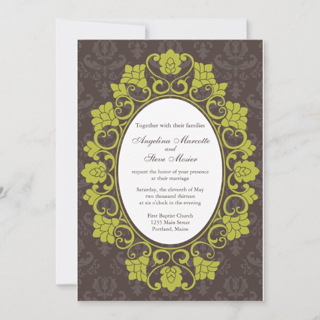 Brown and Chartreuse Floral Damask wedding invite (Front)