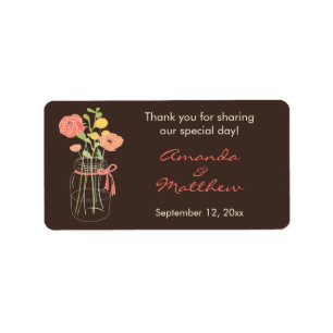 Brown and Coral Mason Jar Wedding Favour Labels