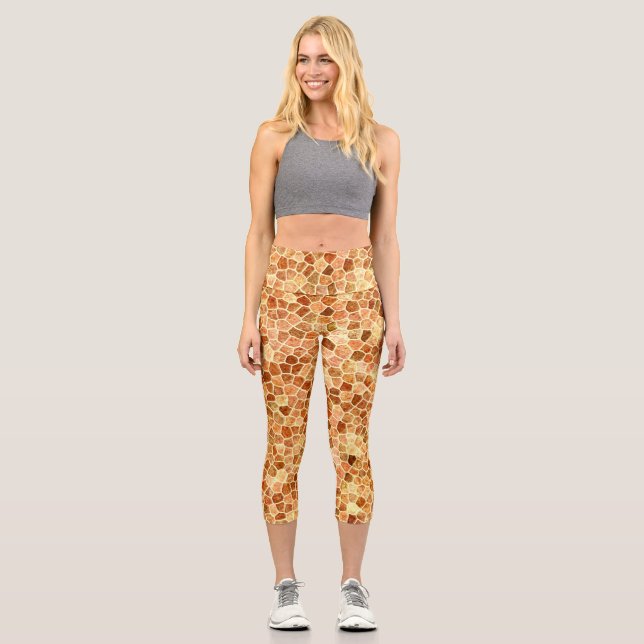 Brown and Cream Cobbled Patchwork Terrazo Pattern Capri Leggings (Front)