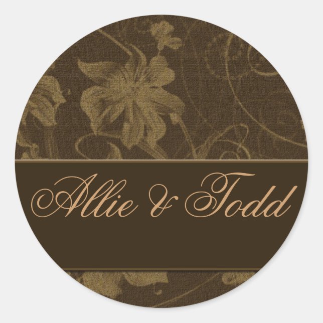 Brown and cream damask wedding stickers (Front)