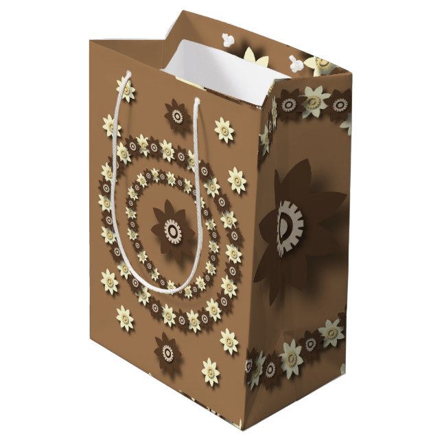 Brown and Cream Floral  Medium Gift Bag (Back Angled)