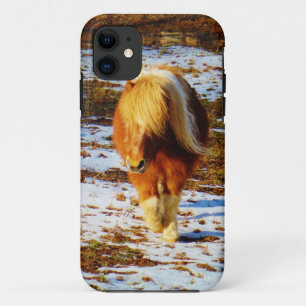 Brown and cream miniature horse in the snow. iPhone 11 case