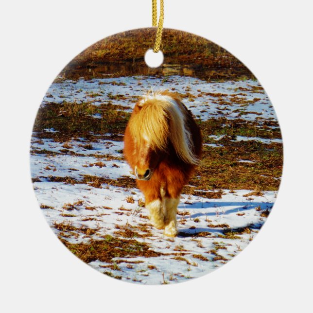 Brown and cream miniature horse in the snow. ceramic ornament (Front)