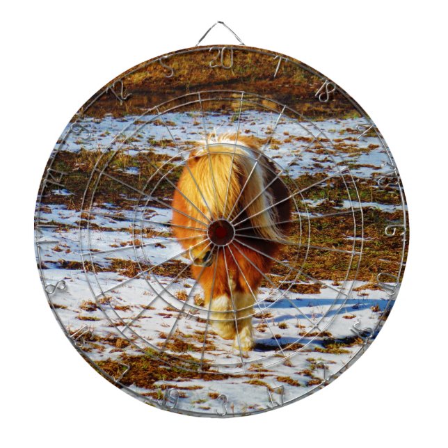 Brown and cream miniature horse in the snow. dartboard (Front)