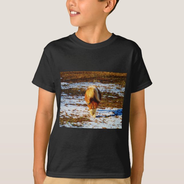 Brown and cream miniature horse in the snow. T-Shirt (Front)