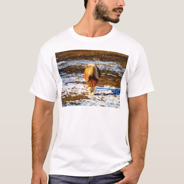 Brown and cream miniature horse in the snow. T-Shirt (Front)