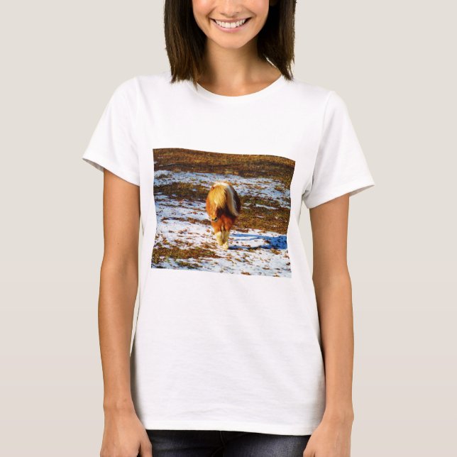 Brown and cream miniature horse in the snow. T-Shirt (Front)