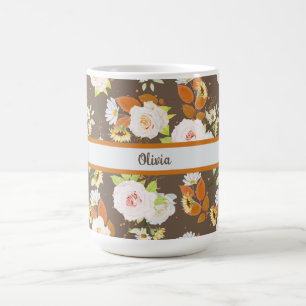 Brown and Floral, Rose, Daisy Personalised Coffee Mug
