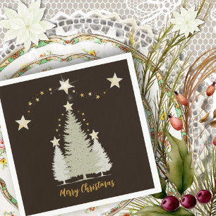 Brown and Gold Christmas Tree and Stars Paper Napkin