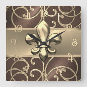 Brown and Gold Filigree Swirls Fleur de Lis Square Wall Clock