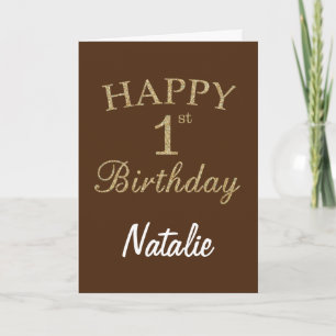Brown and Gold Glitter 1st Birthday Card