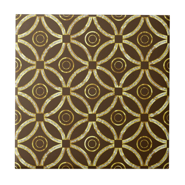 Brown And Gold Glitter Geometric Pattern Ceramic Tile (Front)