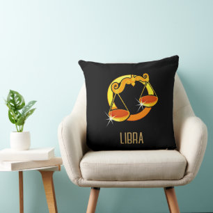 Brown and gold Libra zodiac sign black Cushion