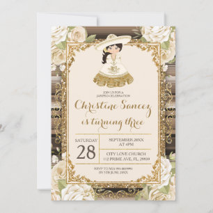 Brown and Gold Mexican Girl Third Birthday Invitation