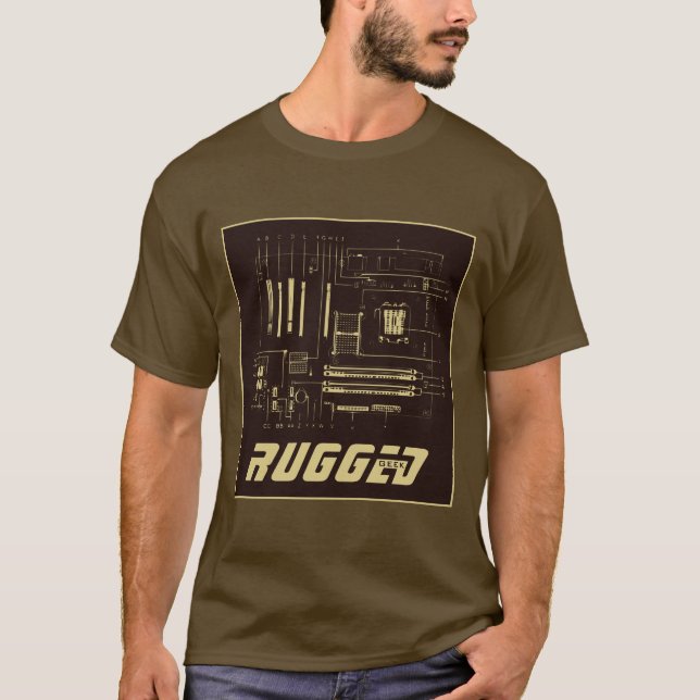 brown and gold RUGGED GEEK Motherboard Tech T-Shirt (Front)