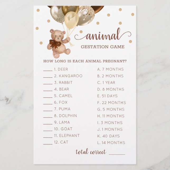 Brown And Gold Teddy Bear Animal Gestation Game (Front)