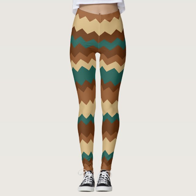 Brown and Green Autumn Zigzag Stripe Leggings (Front)