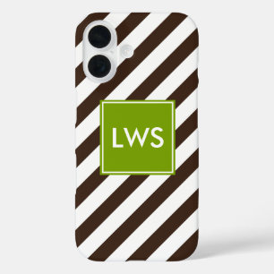 Brown and Green Diagonal Stripes Monogram iPhone 16 Case