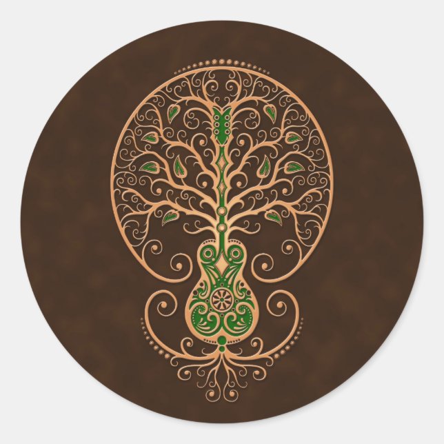 Brown and Green Guitar Tree of Life Classic Round Sticker (Front)