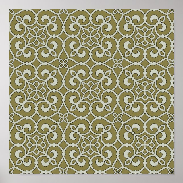 Brown and Green Moroccan Scroll Ornate Pattern Poster (Front)