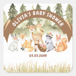 Brown And Green Woodland Animals Baby Shower Square Sticker