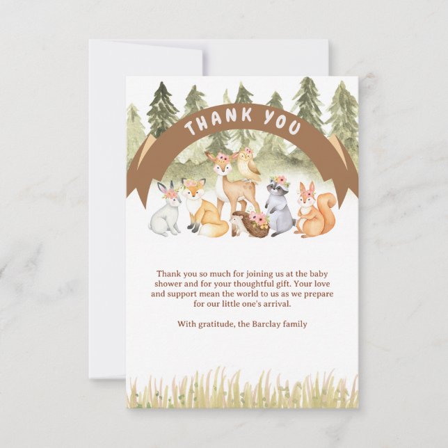 Brown And Green Woodland Animals Baby Shower Thank You Card (Front)