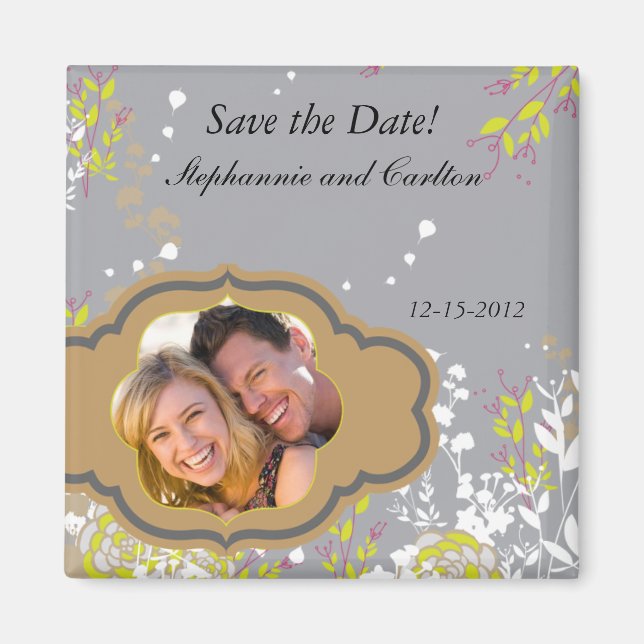 Brown and Grey Floral Wedding Announcement Magnet (Front)