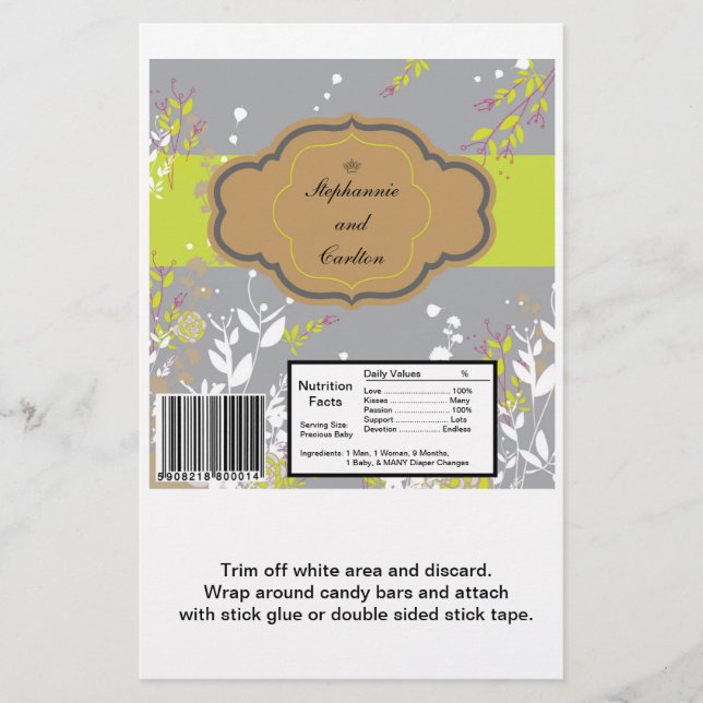 Brown and Grey Floral Wedding Large Candy Bar Wrap Flyer (Front)