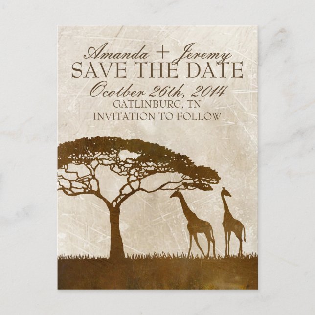 Brown and Ivory African Giraffe Save The Date Announcement Postcard (Front)