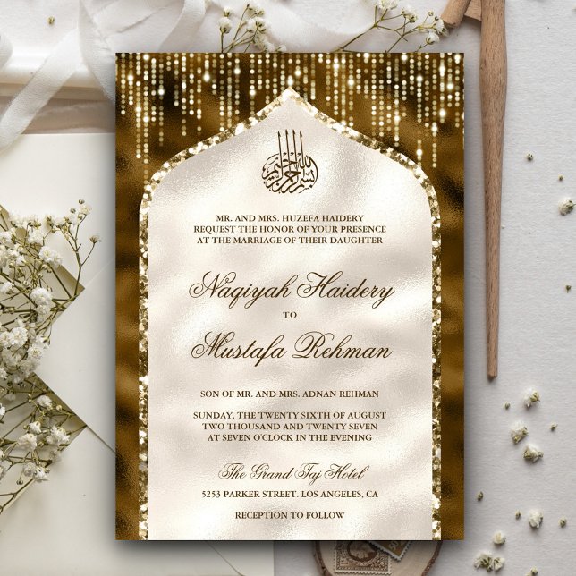 Brown and Ivory Gold Glitter Arch Muslim Wedding Invitation (Creator Uploaded)