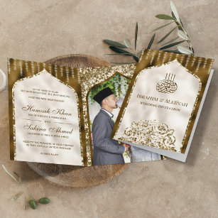 Brown and Ivory Vintage Gold Islamic Arch Wedding Invitation