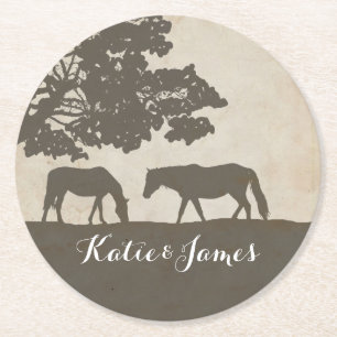 Brown and Ivory Vintage Horse Farm Wedding Round Paper Coaster