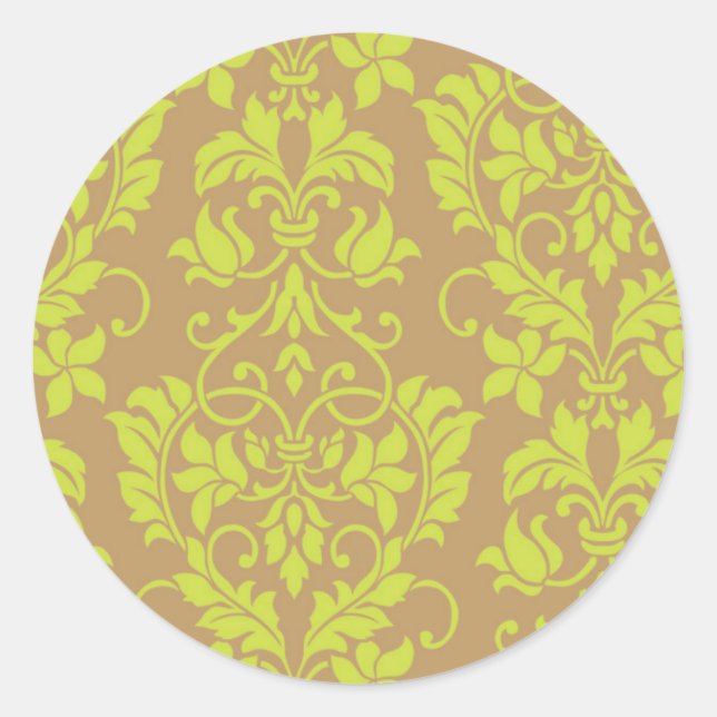 Brown and Lime Green Damask Wedding Envelope Seal (Front)