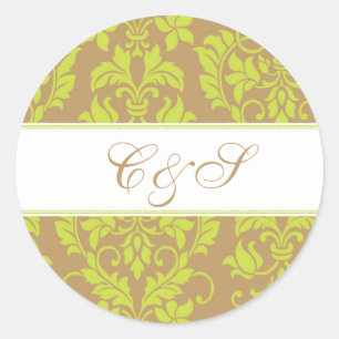 Brown and Lime Green Damask Wedding Favour Sticker