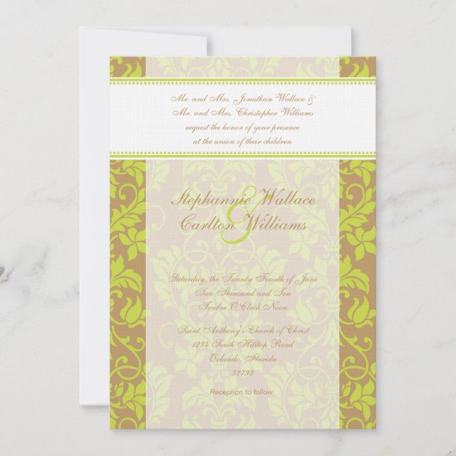 Brown and Lime Green Damask Wedding Invitation (Front)