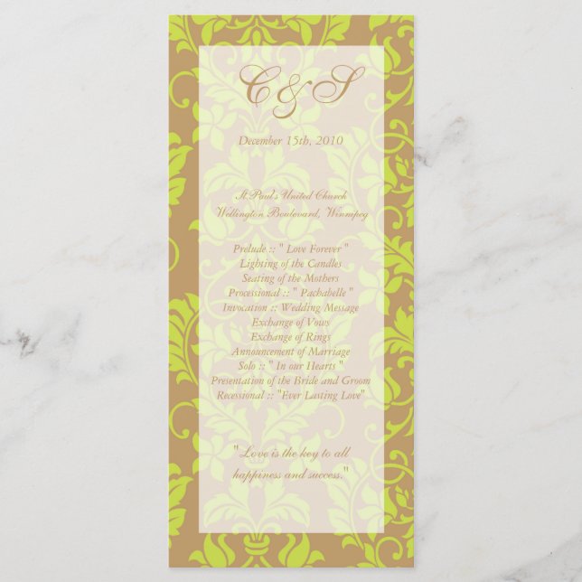 Brown and Lime Green Damask Wedding Programs (Front)