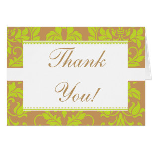 Brown and Lime Green Damask Wedding Thank You Card