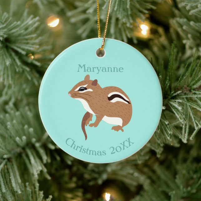Brown and Mint Green Chipmunk Lovers Personalised Ceramic Ornament (Tree)