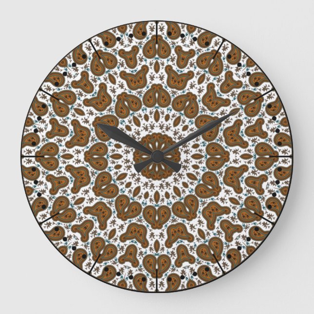 Brown and Off White Boho Paisley Style Large Clock (Front)
