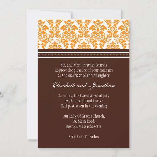 Brown and Orange Damask Wedding Invitation (Front)